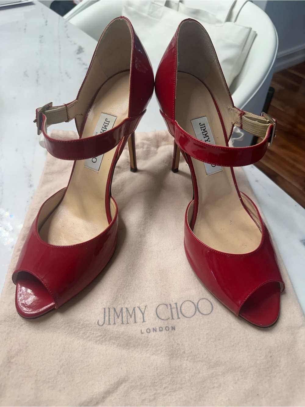 Jimmy Choo Red Patent Peep-Toe Mary Jane Heels